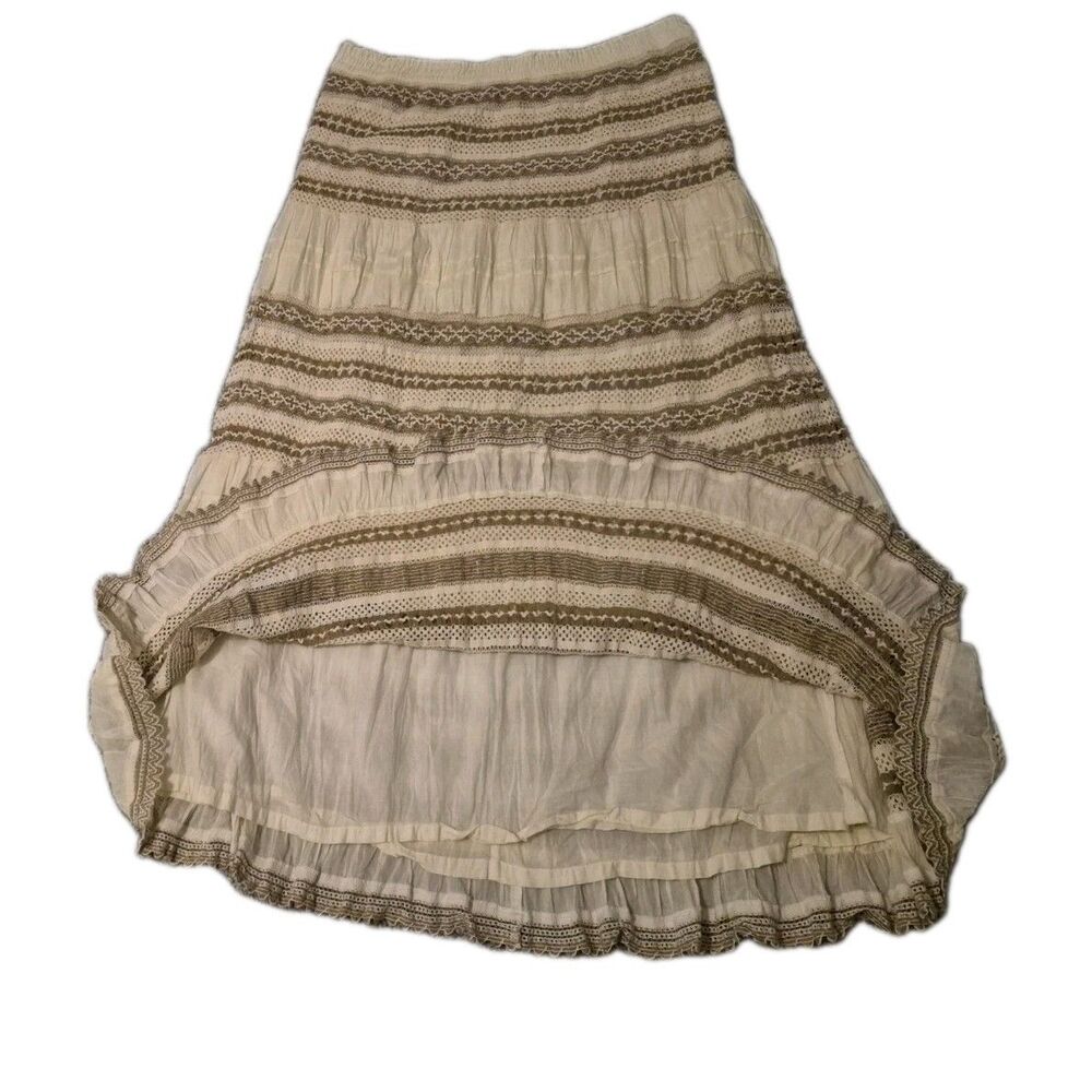 Chico's Crochet Tiered Midi Skirt Ivory Taupe Cotton 2, US 12 Boho Prairie Fairy - Picture 10 of 13